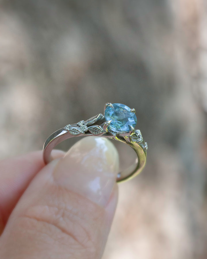 Leaf Engagement Ring w/ Aqua Blue Sapphire and Diamonds 14K Gold