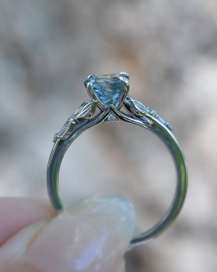 Leaf Engagement Ring w/ Aqua Blue Sapphire and Diamonds 14K Gold