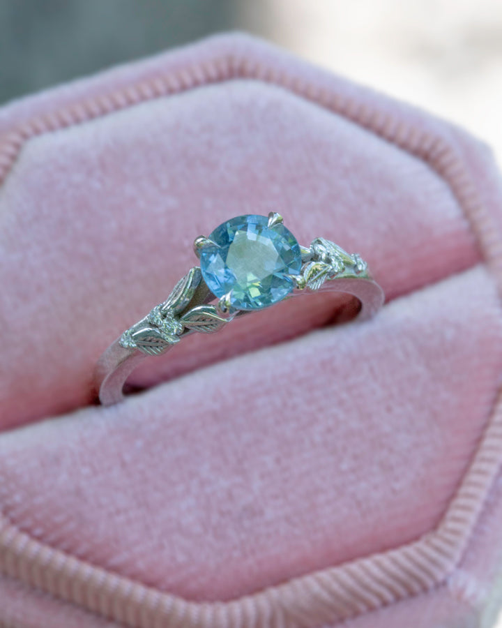 Leaf Engagement Ring w/ Aqua Blue Sapphire and Diamonds 14K Gold