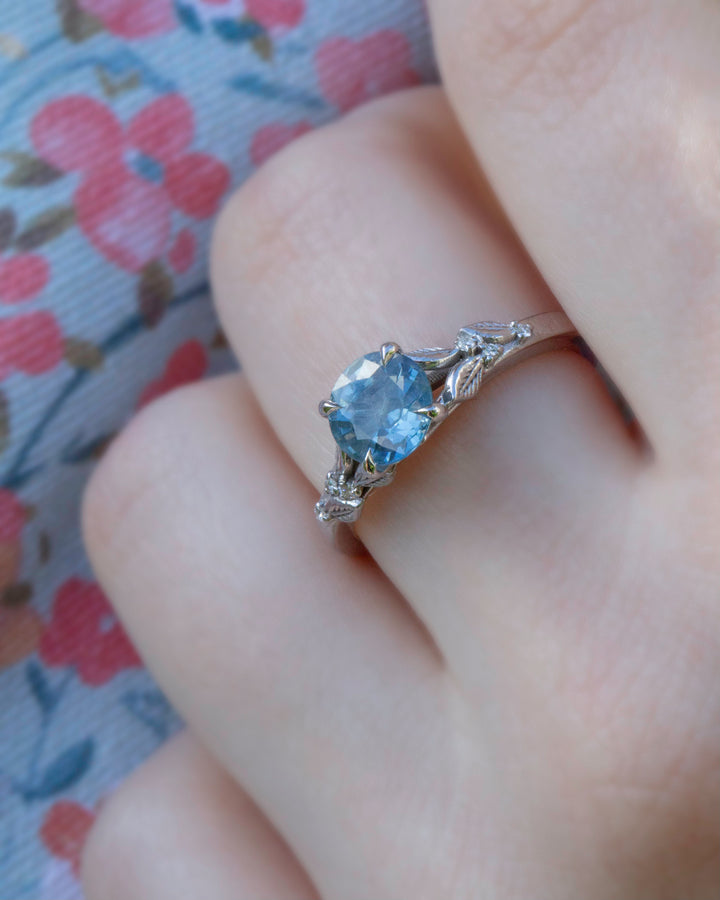 Leaf Engagement Ring w/ Aqua Blue Sapphire and Diamonds 14K Gold