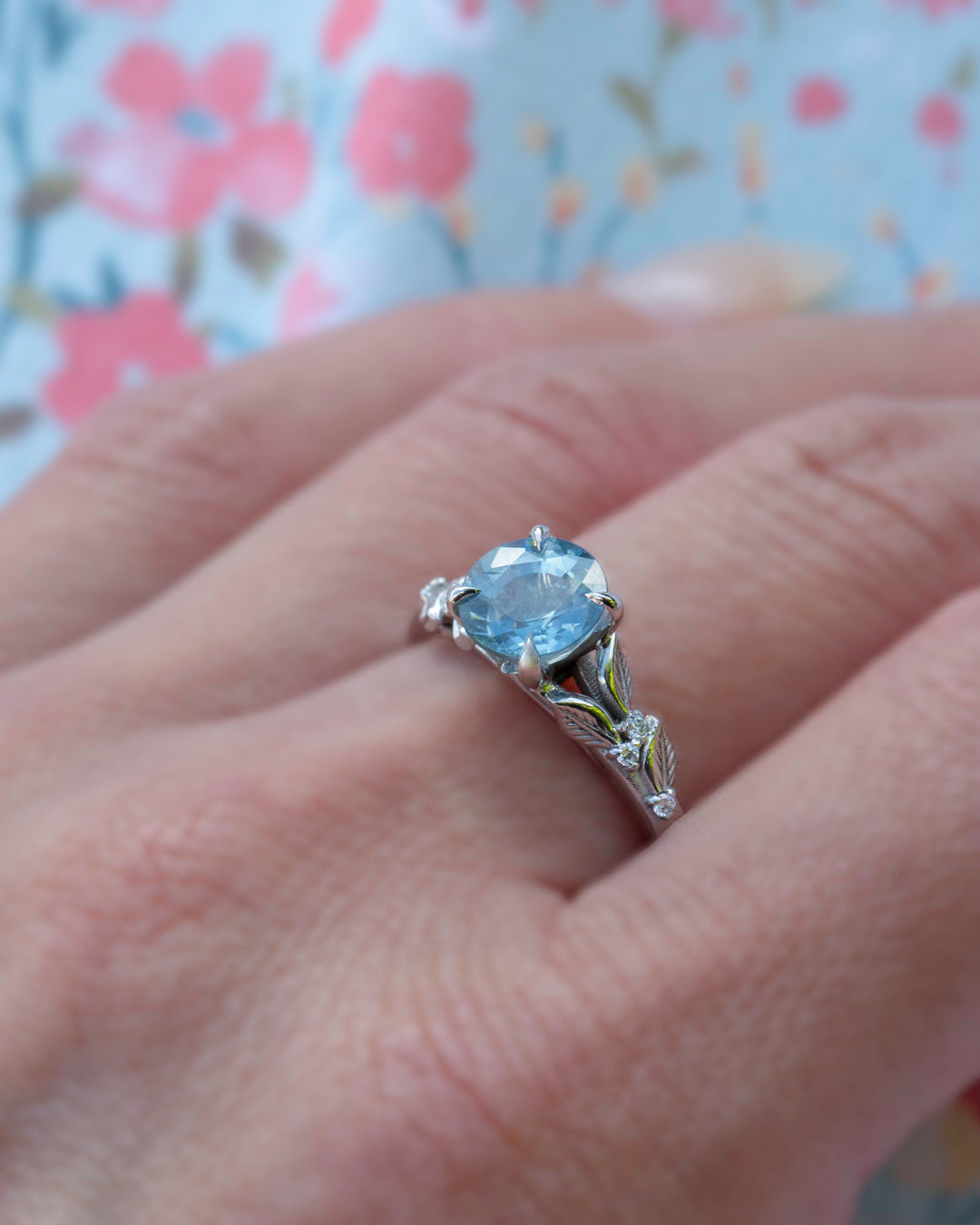 Leaf Engagement Ring w/ Aqua Blue Sapphire and Diamonds 14K Gold