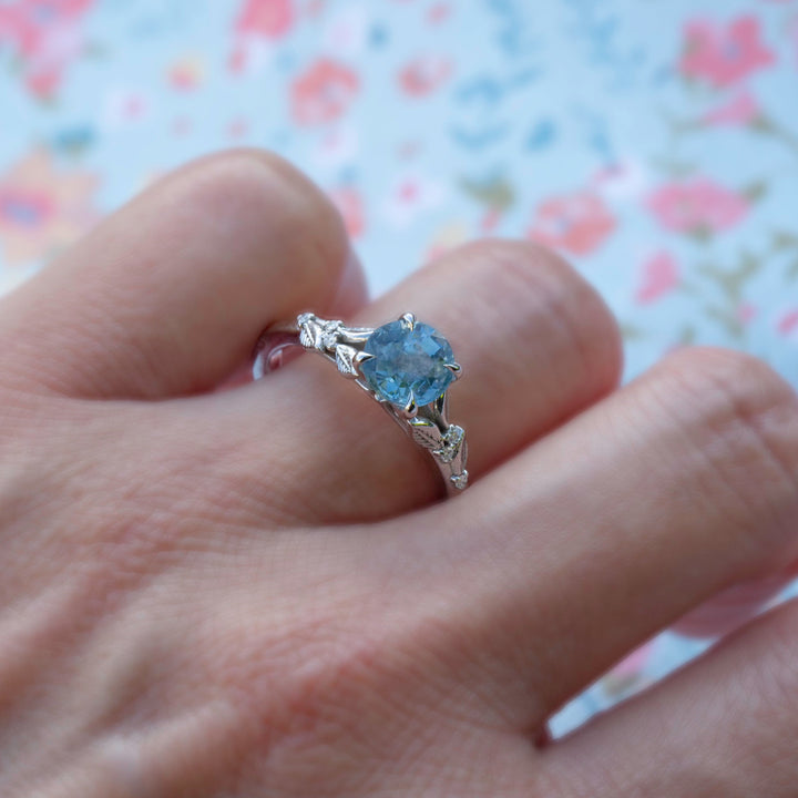 Leaf Engagement Ring w/ Aqua Blue Sapphire and Diamonds 14K Gold