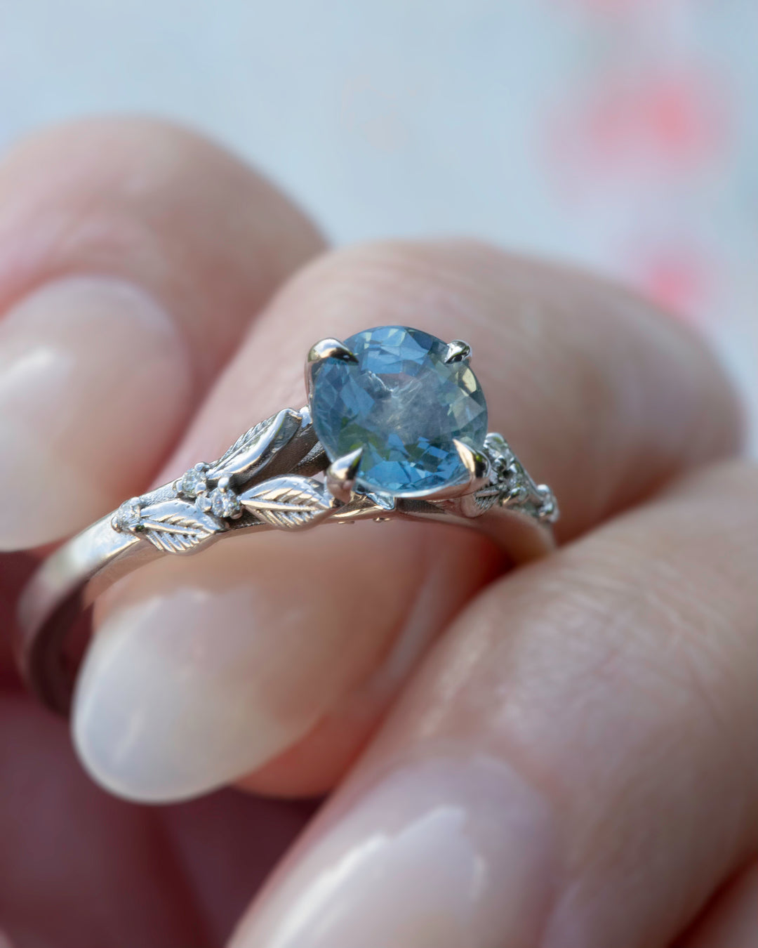 Leaf Engagement Ring w/ Aqua Blue Sapphire and Diamonds 14K Gold