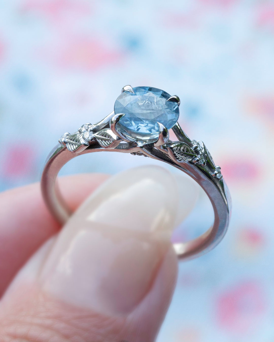 Leaf Engagement Ring w Aqua Blue Sapphire and Diamonds 14K Gold