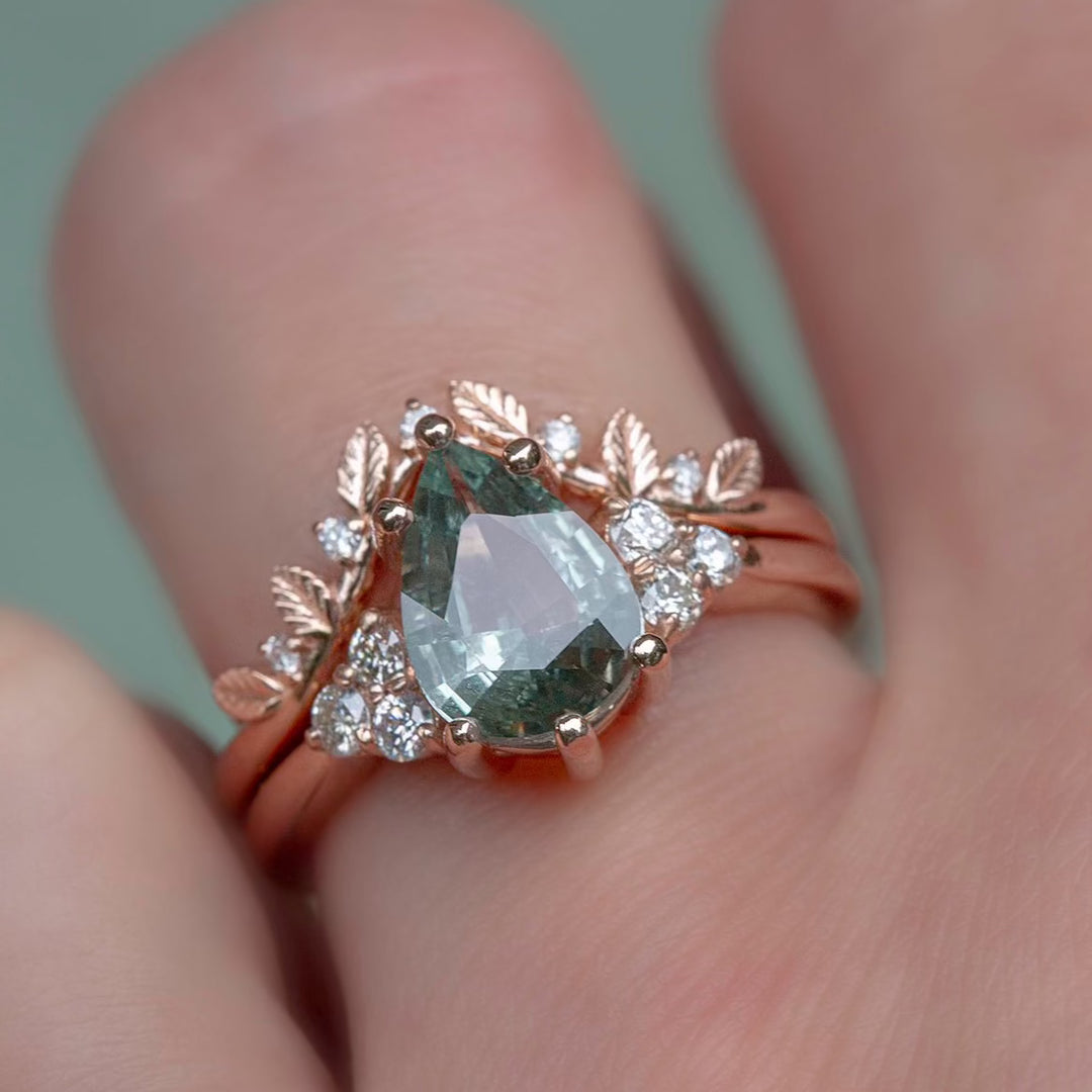 Pastel Green Sapphire and Diamond Leaf Engagement Ring 14K Gold