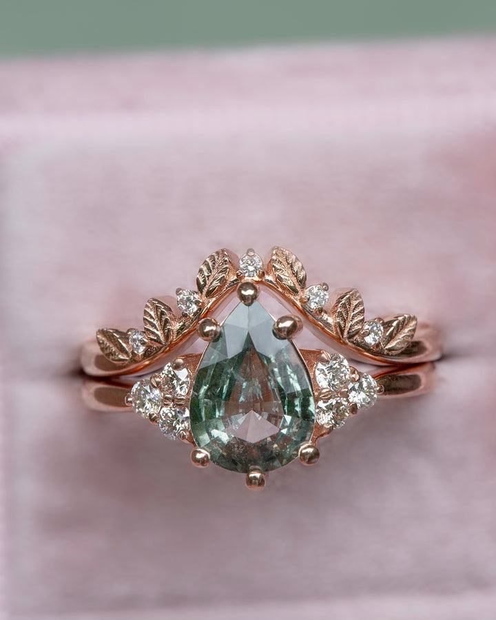 Pastel Green Sapphire and Diamond Leaf Engagement Ring 14K Gold