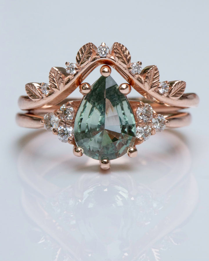 Pastel Green Sapphire and Diamond Leaf Engagement Ring 14K Gold