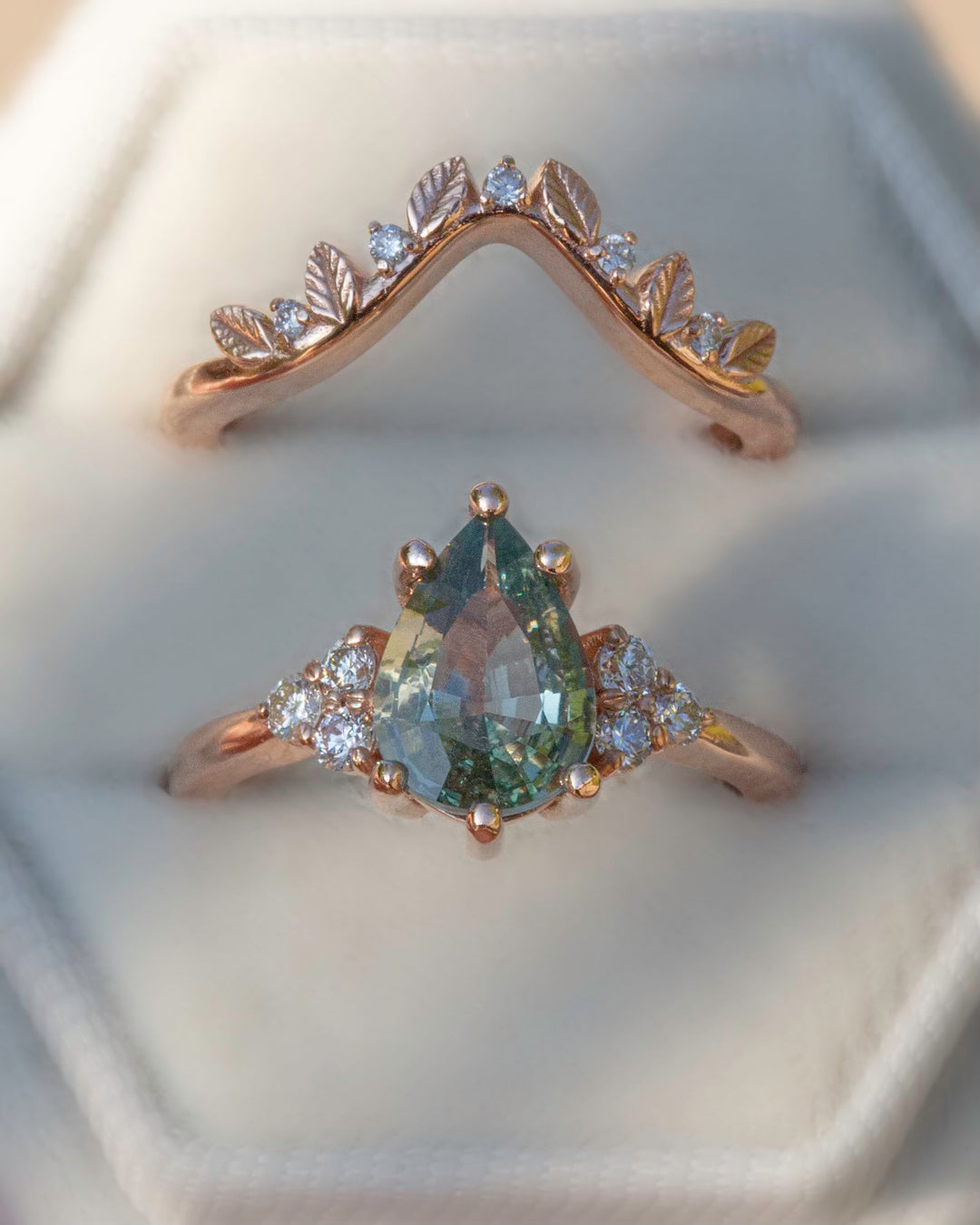 Pastel Green Sapphire and Diamond Leaf Engagement Ring 14K Gold