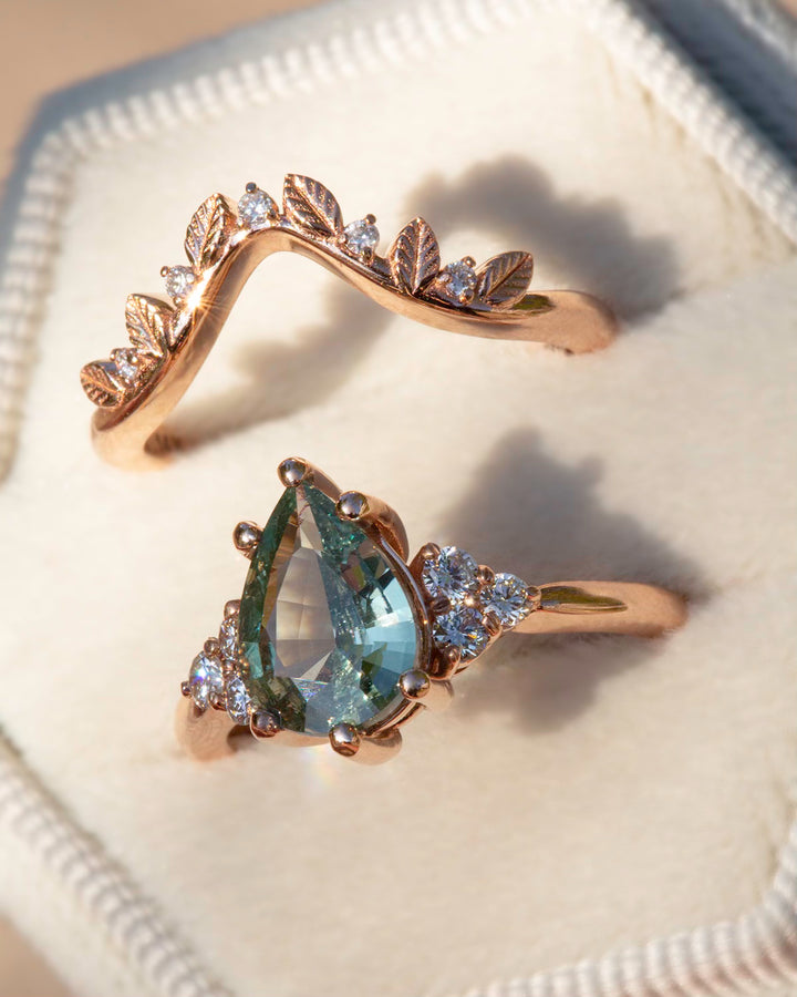 Pastel Green Sapphire and Diamond Leaf Engagement Ring 14K Gold