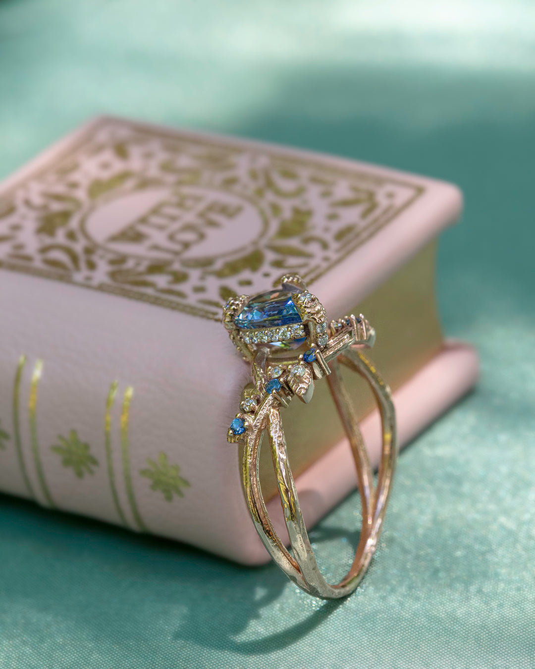 Nature Inspired Pastel Blue Sapphire Leaf Engagement Ring 14K Gold