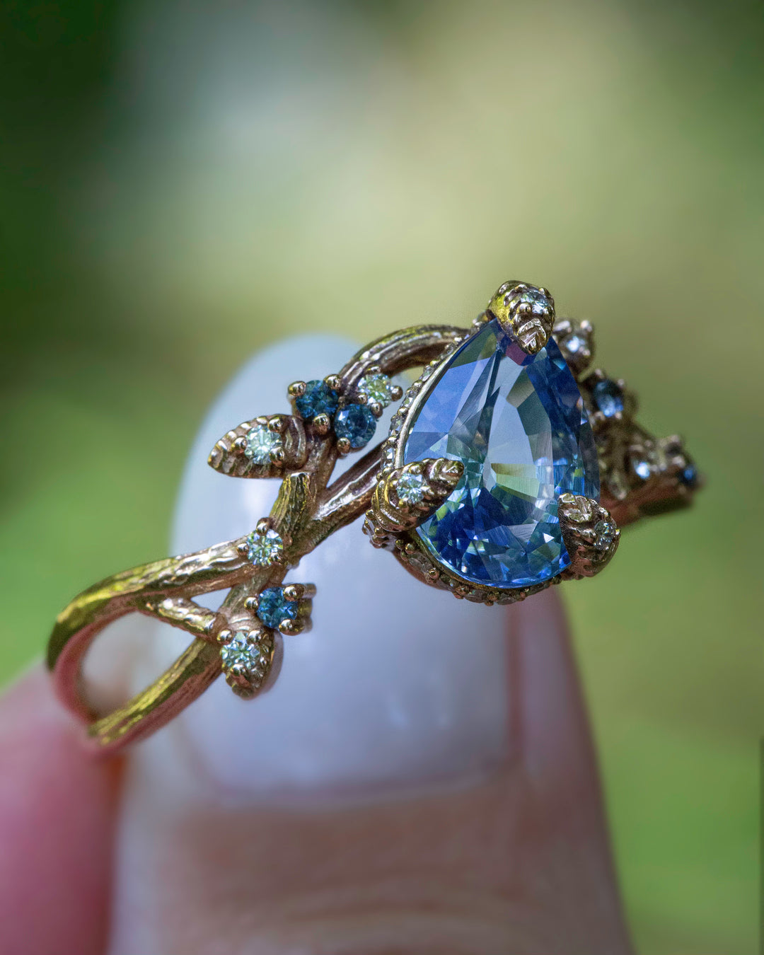 Nature Inspired Pastel Blue Sapphire Leaf Engagement Ring 14K Gold