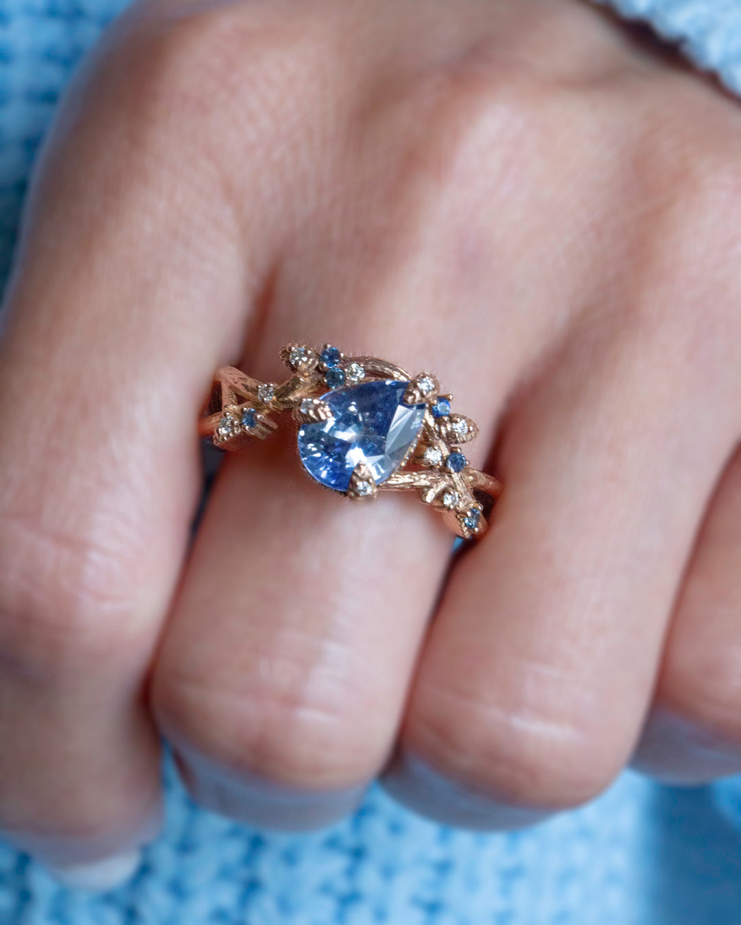 Nature Inspired Pastel Blue Sapphire Leaf Engagement Ring 14K Gold