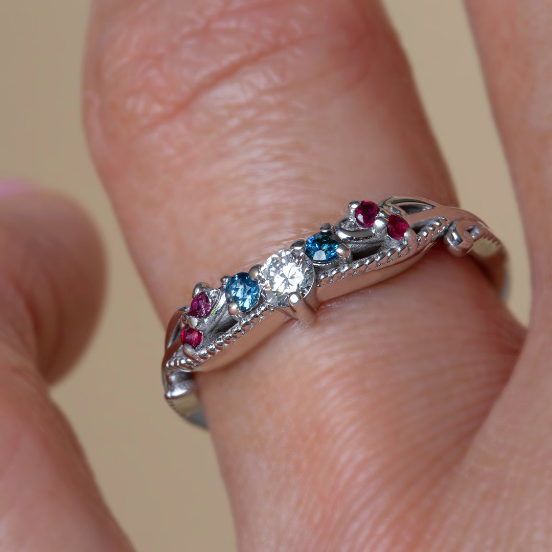 Nature Inspired Contour Wedding Band with Diamonds, Rubies and Sapphires – Curved 14K Gold Ring