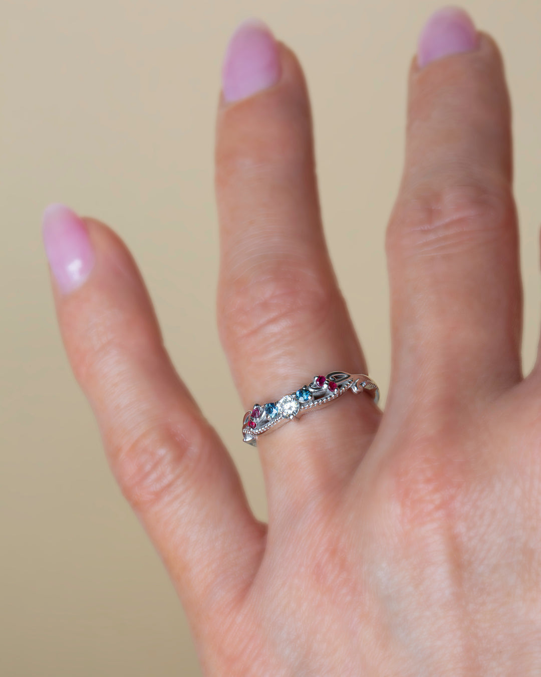 Nature Inspired Contour Wedding Band with Diamonds, Rubies and Sapphires – Curved 14K Gold Ring
