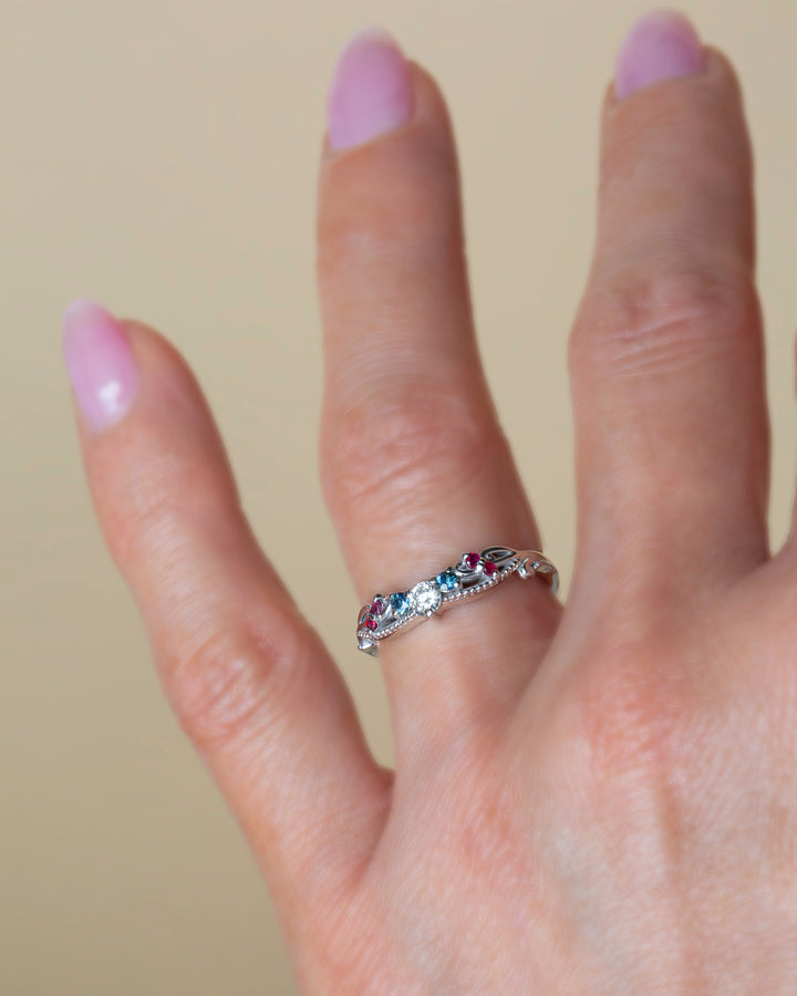 Nature Inspired Contour Wedding Band with Diamonds, Rubies and Sapphires – Curved 14K Gold Ring