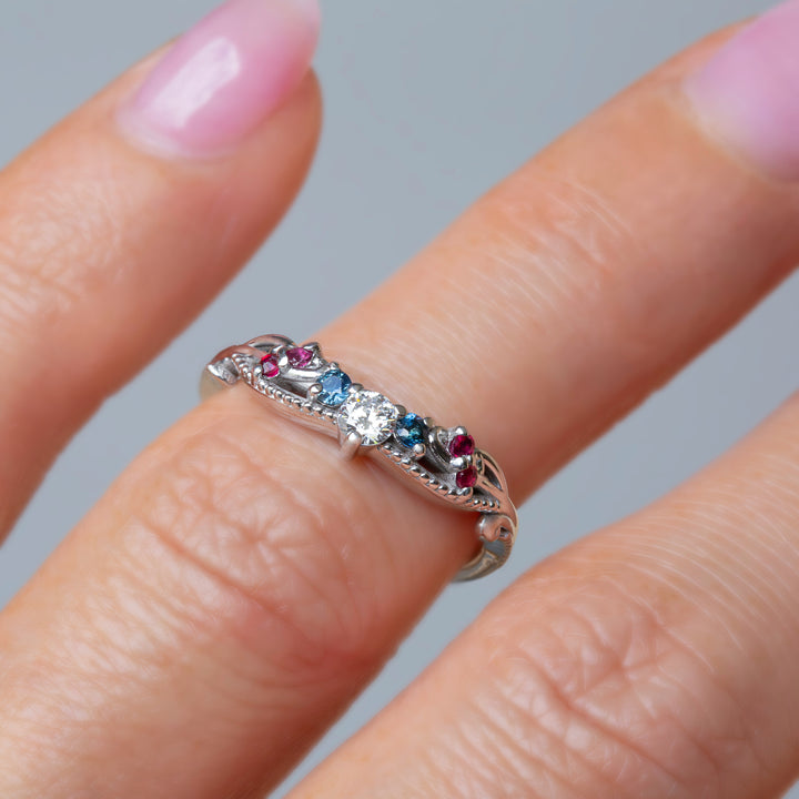 Nature Inspired Contour Wedding Band with Diamonds, Rubies and Sapphires – Curved 14K Gold Ring