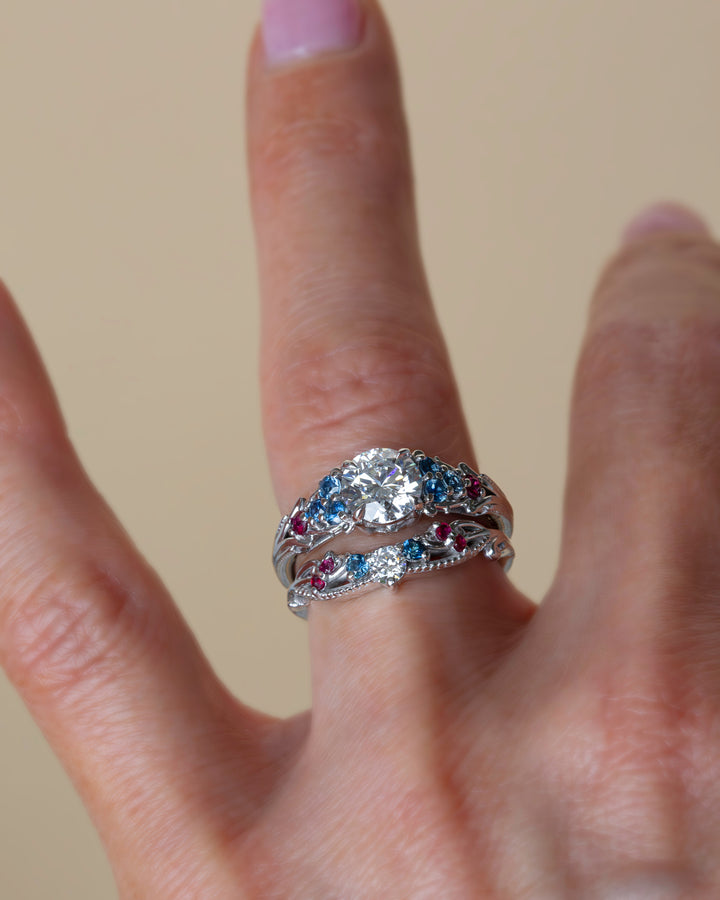 Nature Inspired Contour Wedding Band with Diamonds, Rubies and Sapphires – Curved 14K Gold Ring