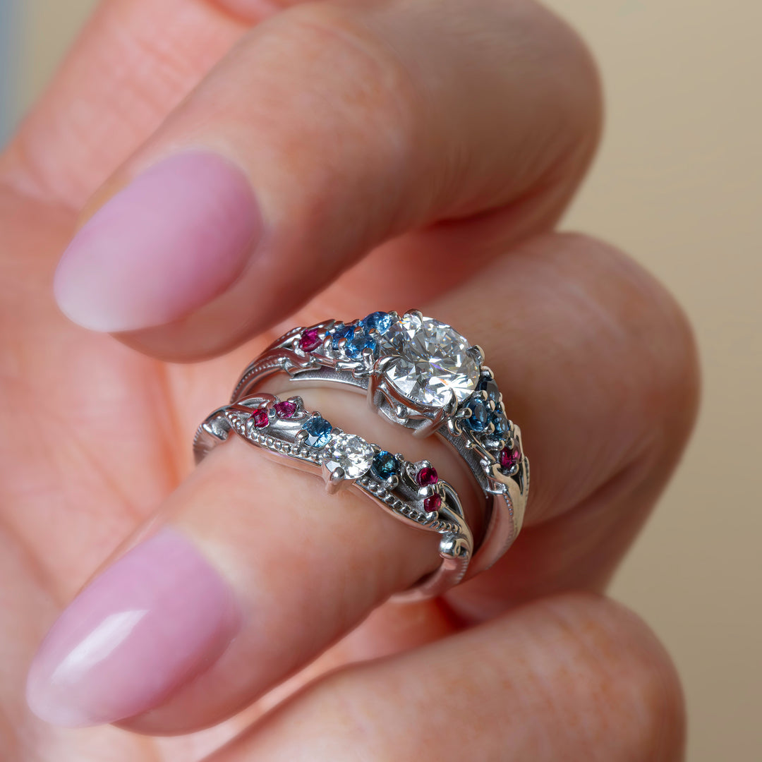 Nature Inspired Contour Wedding Band with Diamonds, Rubies and Sapphires – Curved 14K Gold Ring