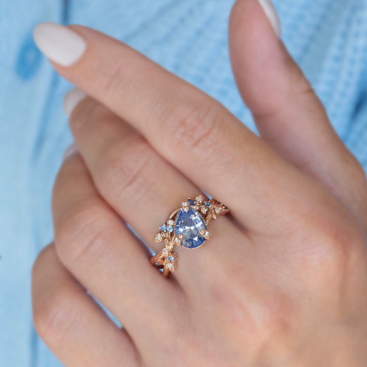 Nature Inspired Pastel Blue Sapphire Leaf Engagement Ring 14K Gold