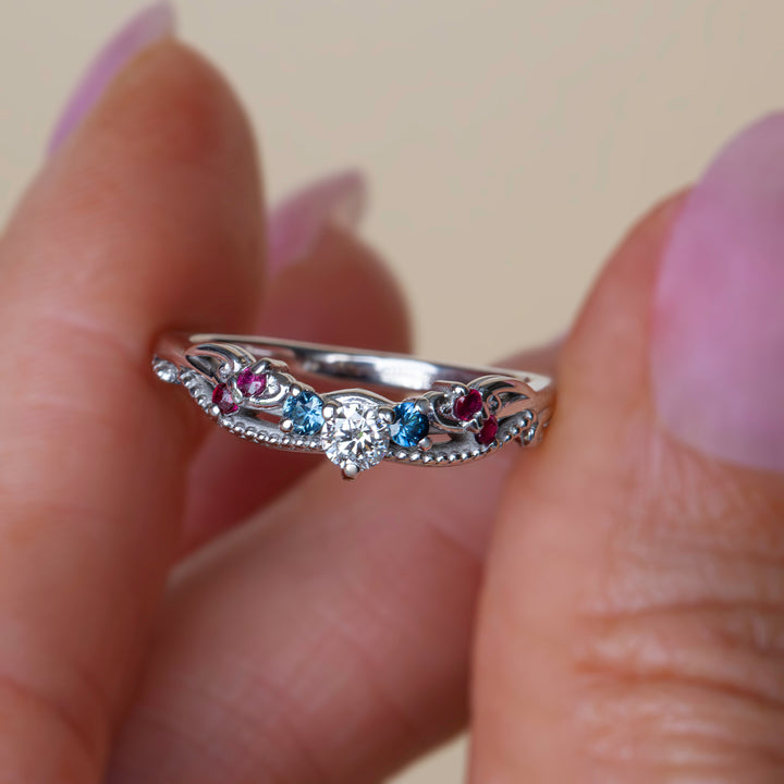 Nature Inspired Contour Wedding Band with Diamonds, Rubies and Sapphires – Curved 14K Gold Ring