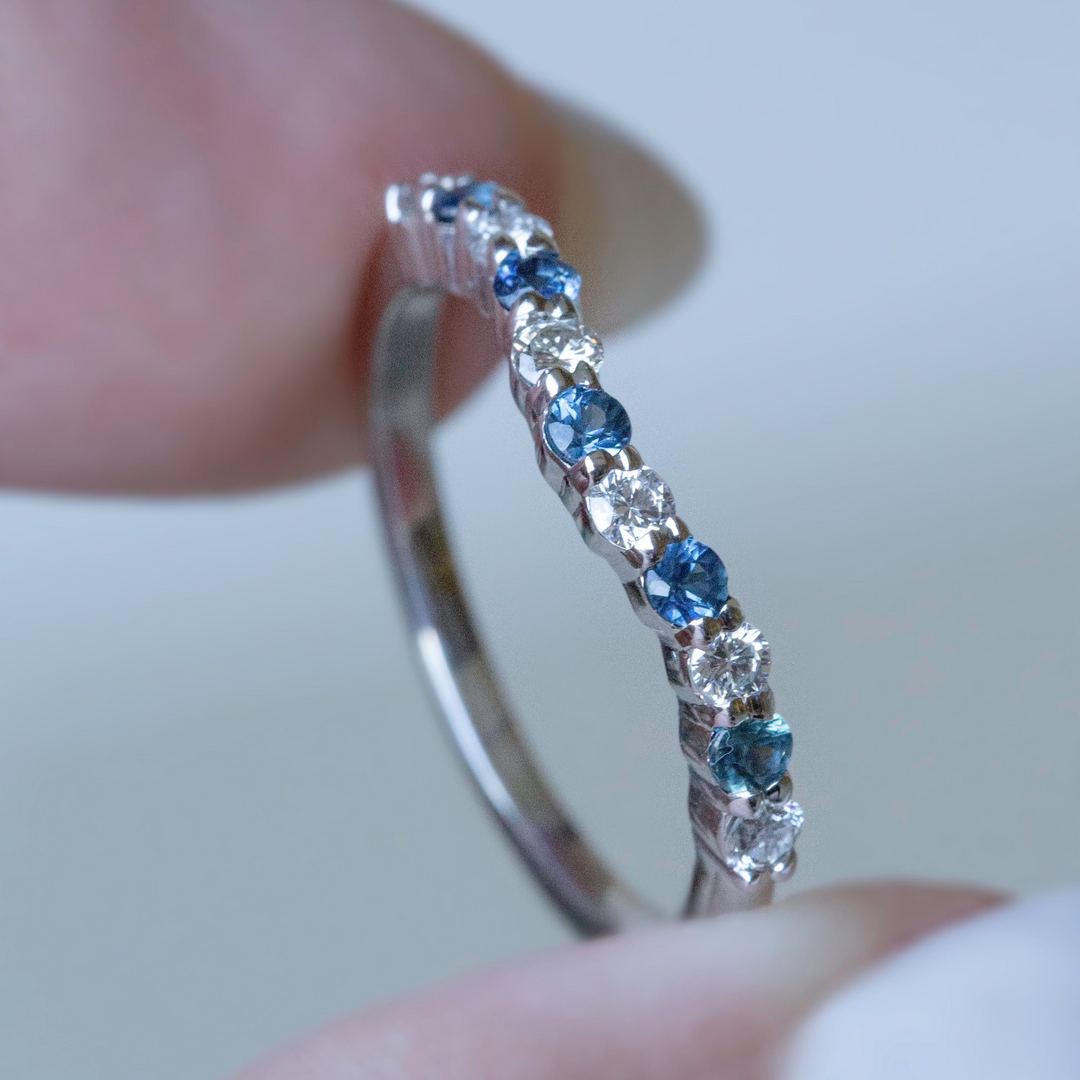 Curved Teal Sapphire and Diamond Wedding Band