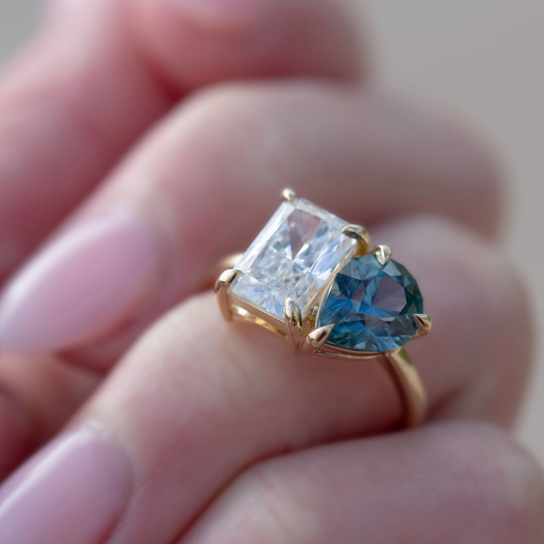 Toi et Moi Engagement Ring with Teal Sapphire and Lab Grown Diamond 14K Gold