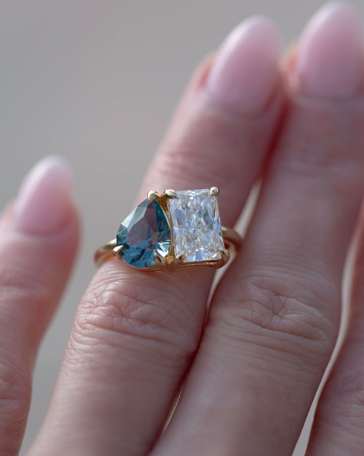 Toi et Moi Engagement Ring with Teal Sapphire and Lab Grown Diamond 14K Gold