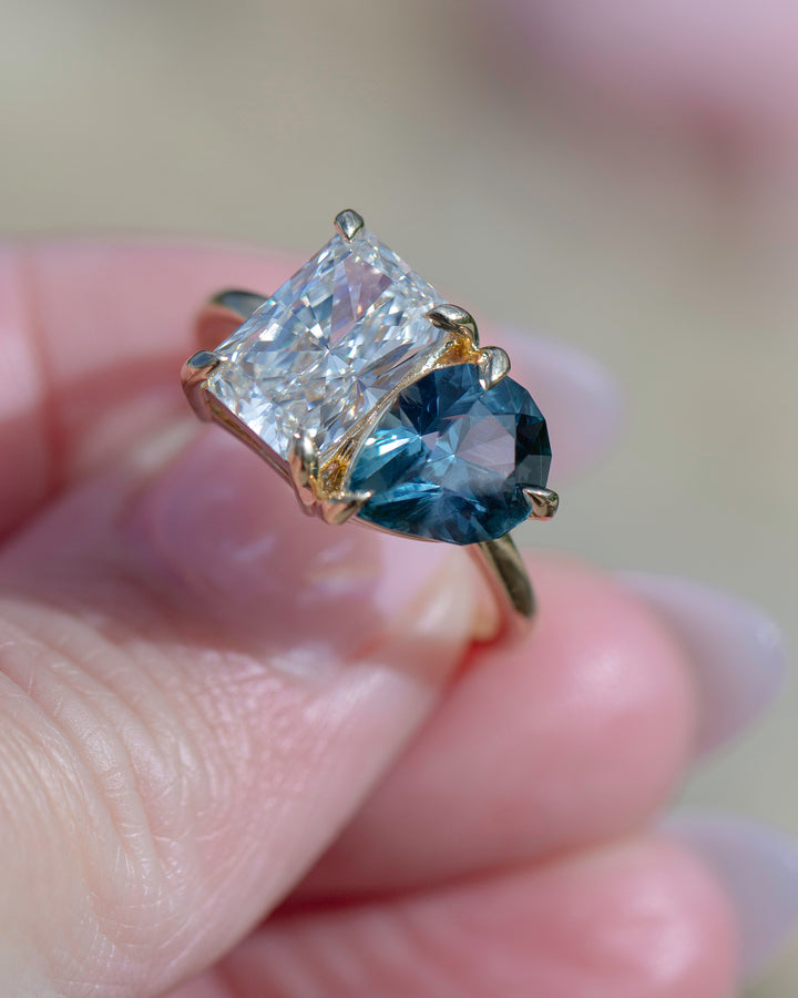 Toi et Moi Engagement Ring with Teal Sapphire and Lab Grown Diamond 14K Gold