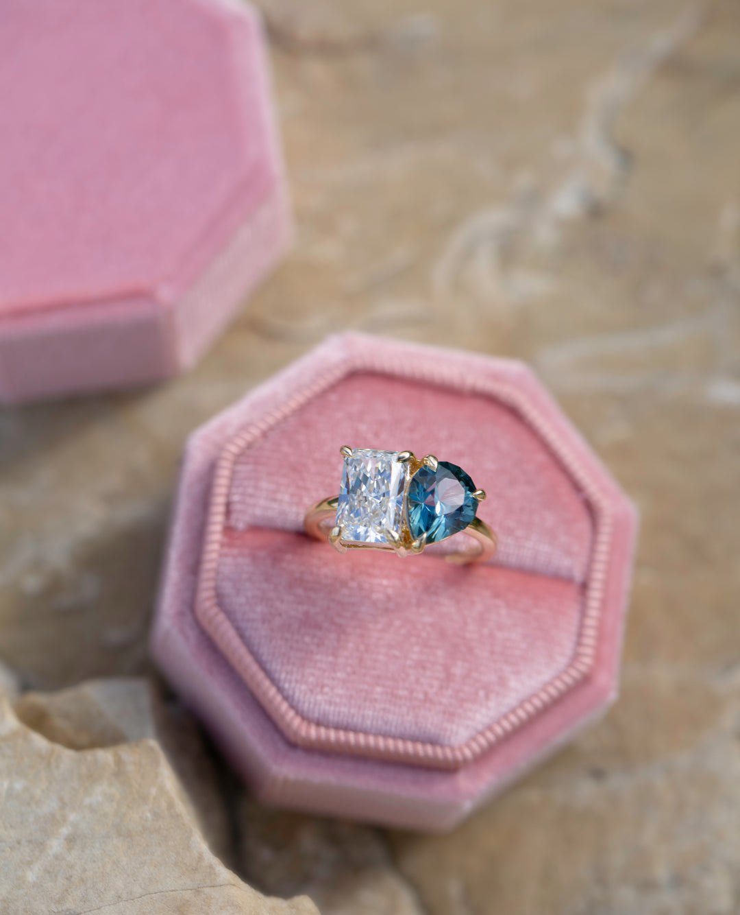 Toi et Moi Engagement Ring with Teal Sapphire and Lab Grown Diamond 14K Gold