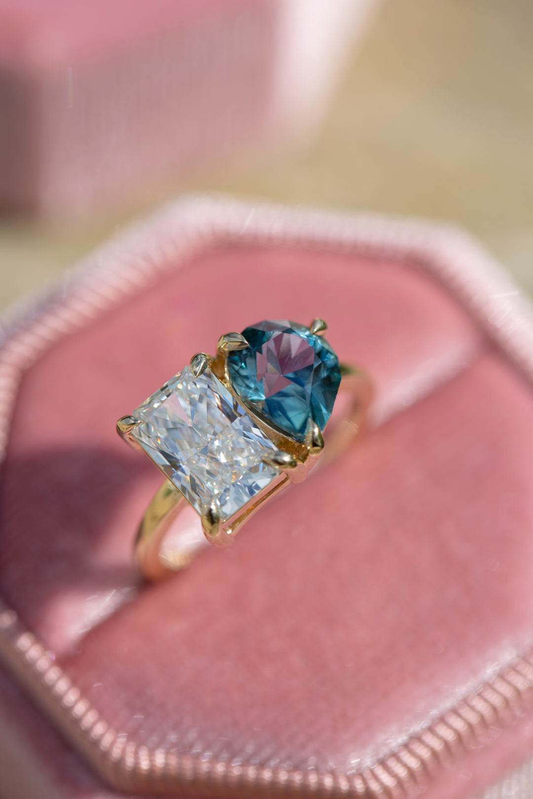 Toi et Moi Engagement Ring with Teal Sapphire and Lab Grown Diamond 14K Gold