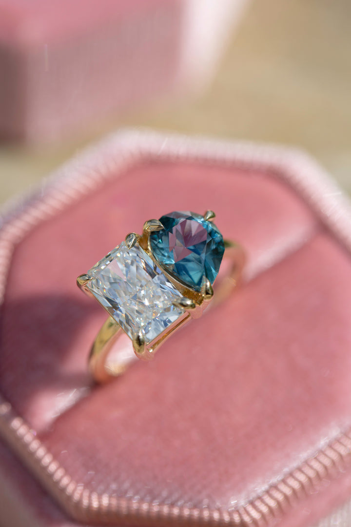 Toi et Moi Engagement Ring with Teal Sapphire and Lab Grown Diamond 14K Gold