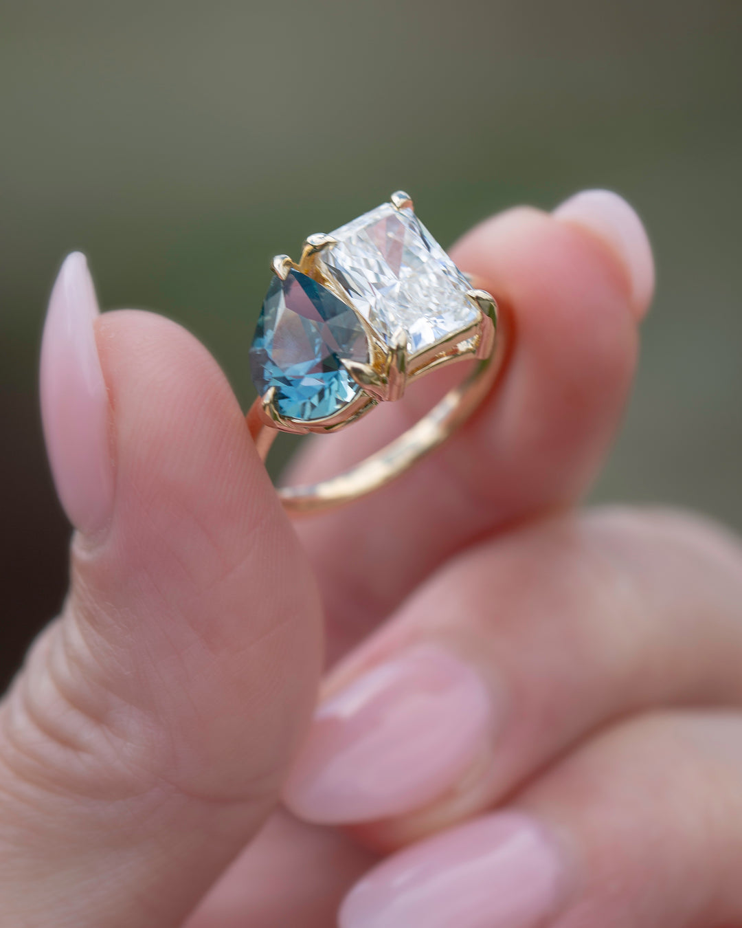 Toi et Moi Engagement Ring with Teal Sapphire and Lab Grown Diamond 14K Gold