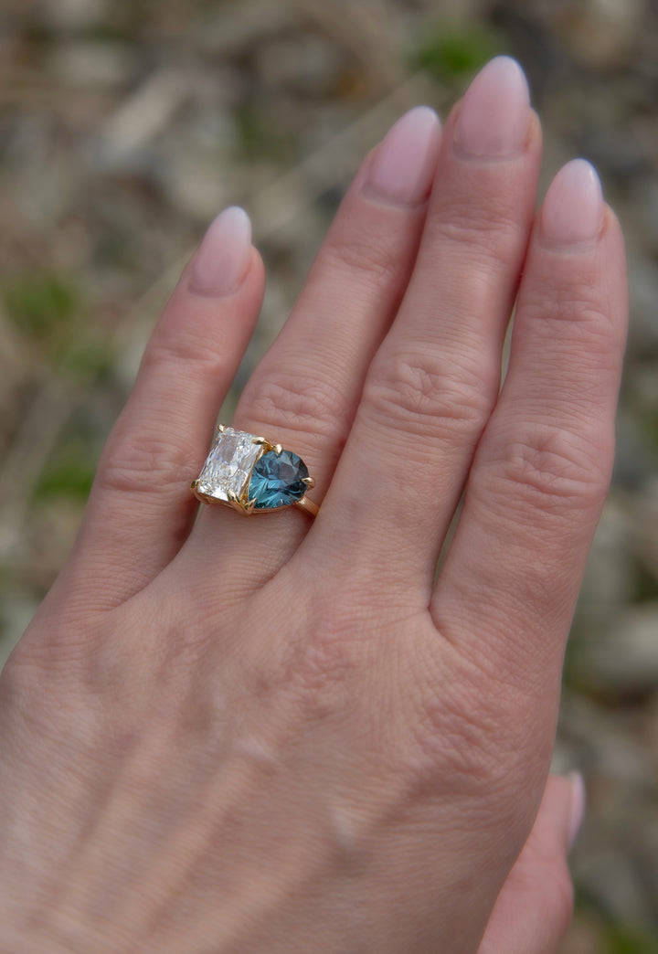 Toi et Moi Engagement Ring with Teal Sapphire and Lab Grown Diamond 14K Gold