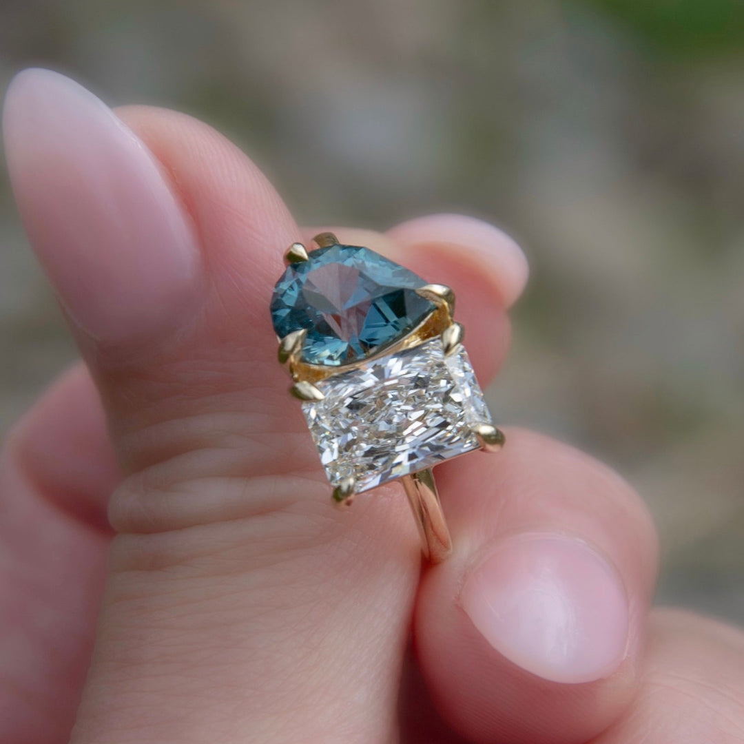 Toi et Moi Engagement Ring with Teal Sapphire and Lab Grown Diamond 14K Gold