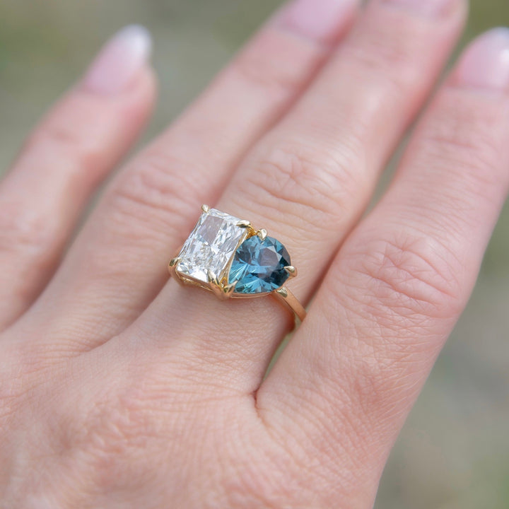 Toi et Moi Engagement Ring with Teal Sapphire and Lab Grown Diamond 14K Gold