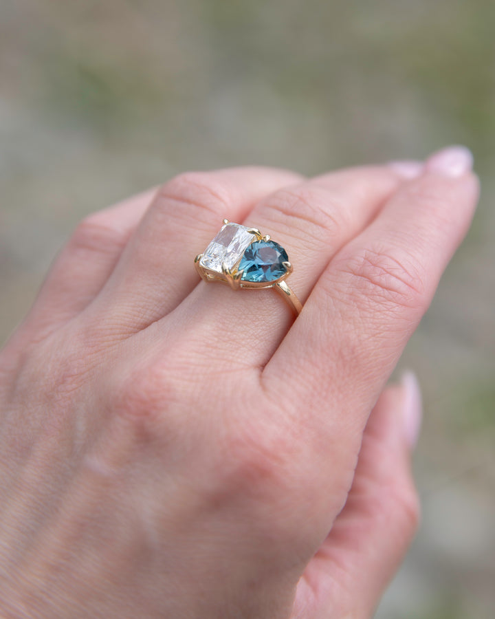 Toi et Moi Engagement Ring with Teal Sapphire and Lab Grown Diamond 14K Gold