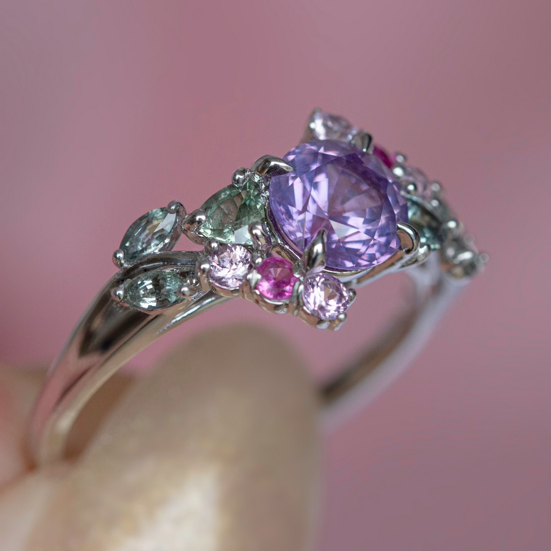 Enchanted Garden Purple Sapphire Leaf Engagement Ring 14K Gold