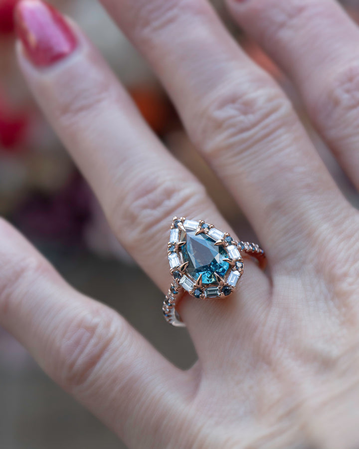 "Aurora" Design Engagement Ring with Pear Shape Teal Sapphire and Baguette Diamonds 14K Gold