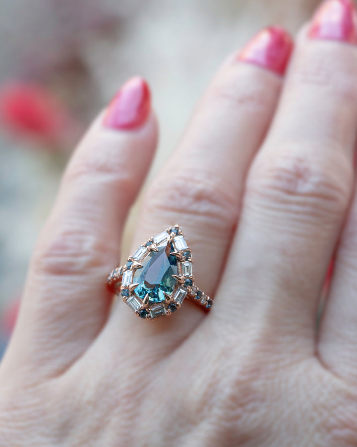 "Aurora" Design Engagement Ring with Pear Shape Teal Sapphire and Baguette Diamonds 14K Gold