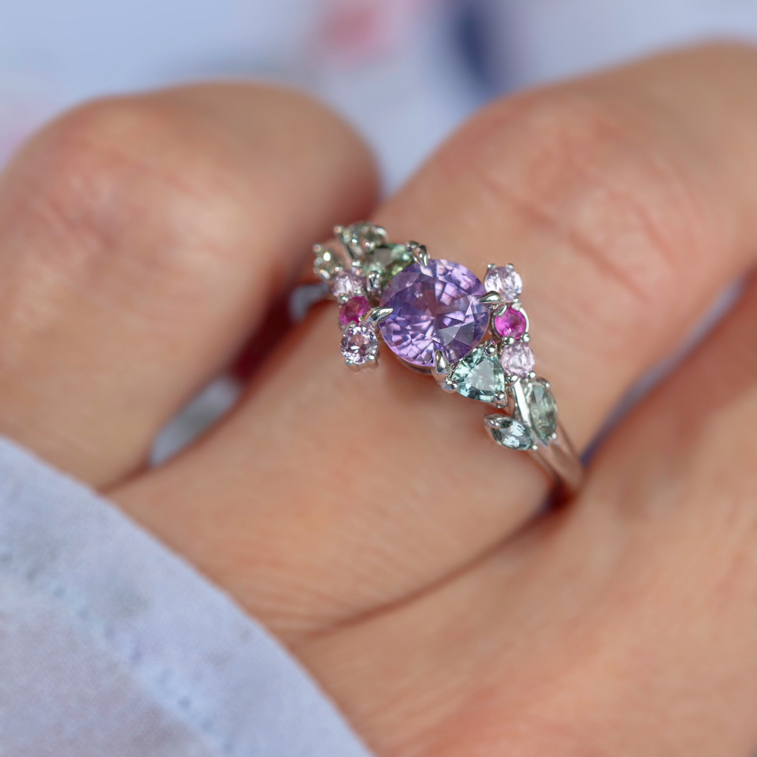 Enchanted Garden Purple Sapphire Leaf Engagement Ring 14K Gold