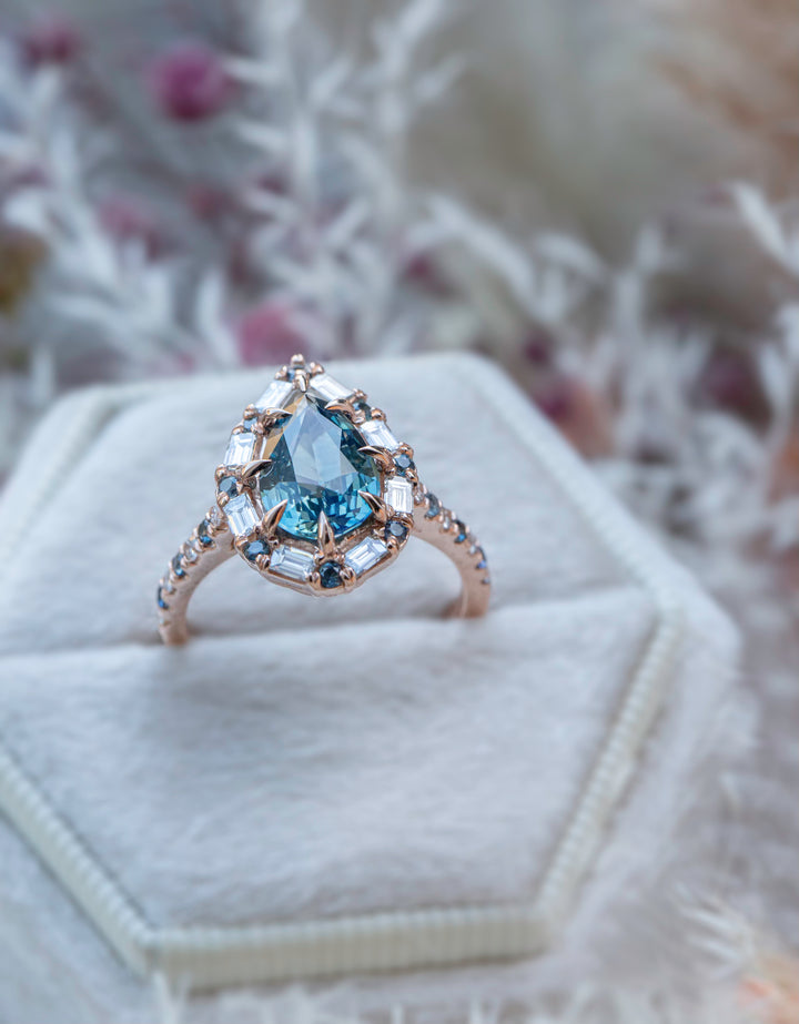 "Aurora" Design Engagement Ring with Pear Shape Teal Sapphire and Baguette Diamonds 14K Gold