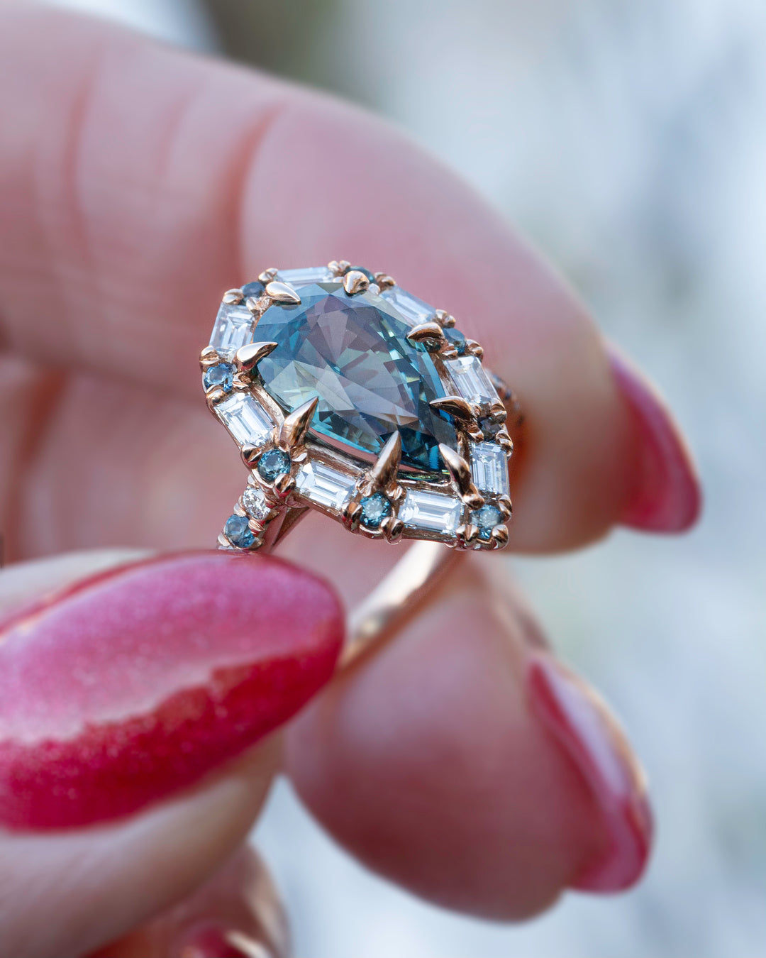 "Aurora" Design Engagement Ring with Pear Shape Teal Sapphire and Baguette Diamonds 14K Gold