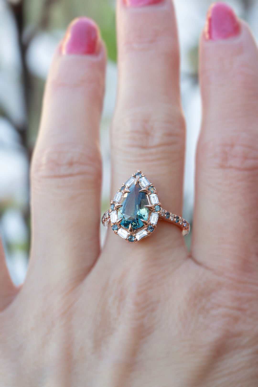 "Aurora" Design Engagement Ring with Pear Shape Teal Sapphire and Baguette Diamonds 14K Gold