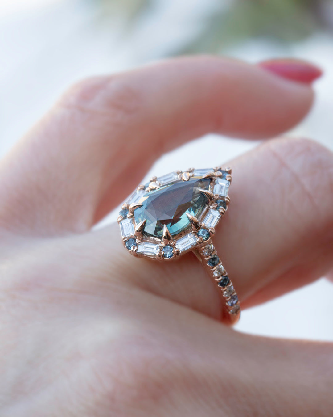 "Aurora" Design Engagement Ring with Pear Shape Teal Sapphire and Baguette Diamonds 14K Gold