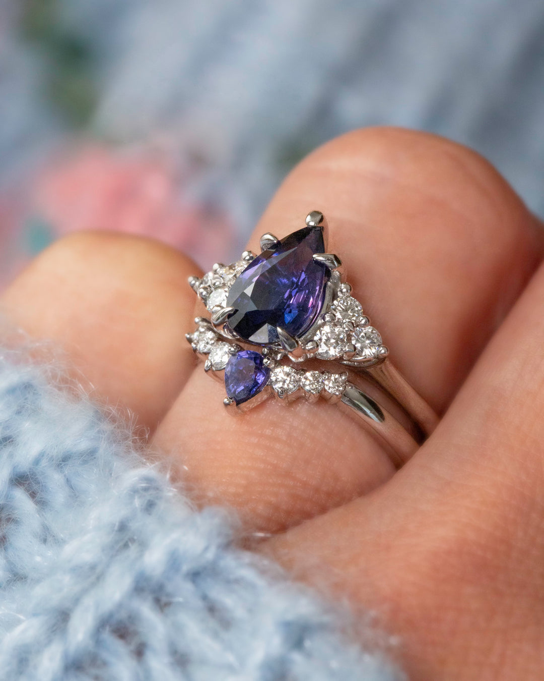 Purple Sapphire Engagement Ring Set w/ Diamonds 14K Gold