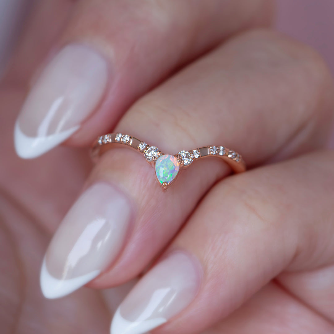 Contour Opal and Diamond Wedding Band 14K Gold