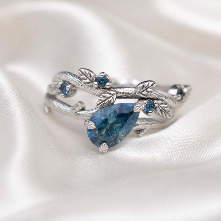 Twig Leaf Engagement Ring Set with Pear Cut Teal Blue Montana Sapphire in 14K Gold
