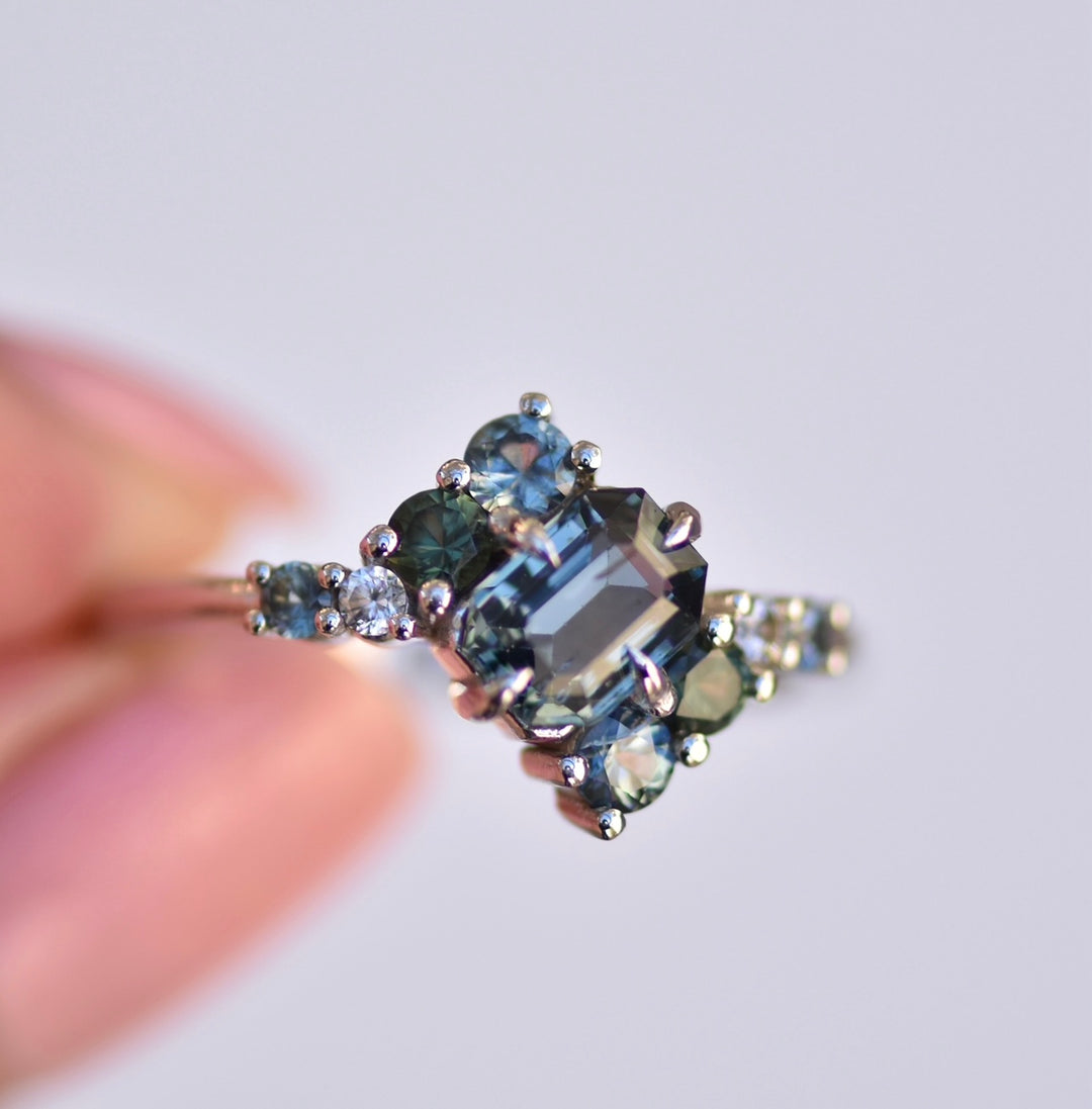 Teal Sapphire Cluster Ring 14K White Gold, Multi Stone Ring