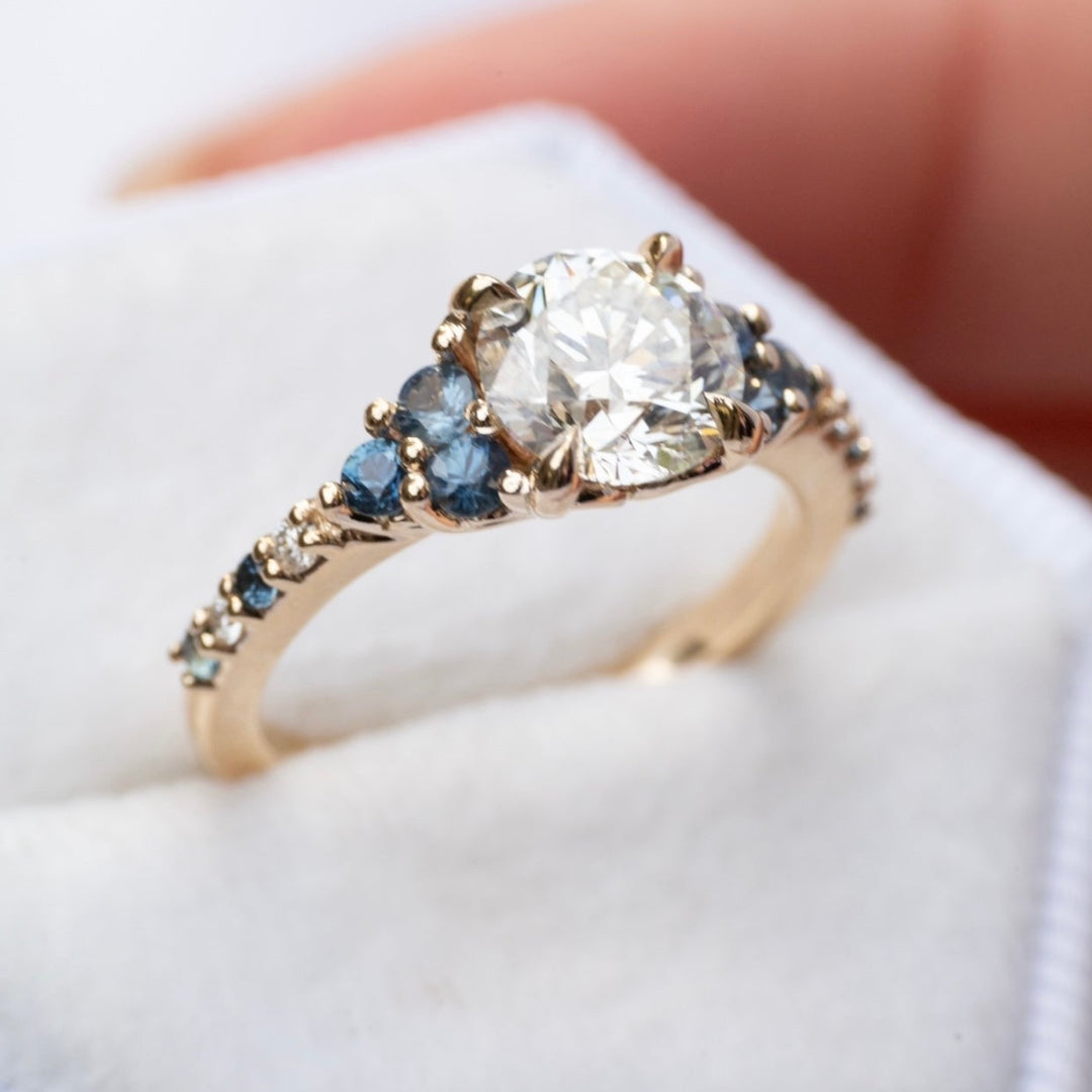 Nature Inspired Floral Diamond and Sapphire Engagement Ring 14K Gold