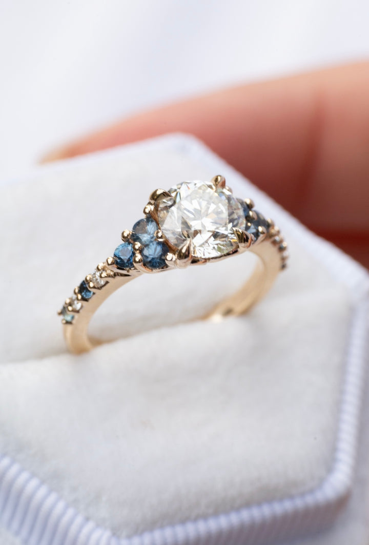 Nature Inspired Floral Diamond and Sapphire Engagement Ring 14K Gold